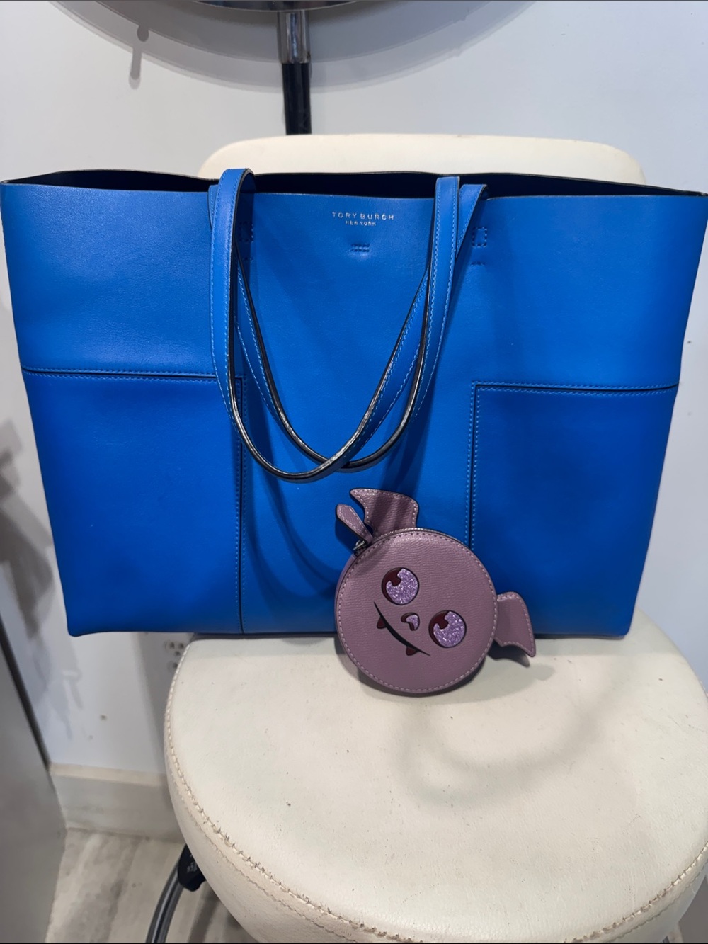 Tory Burch Electric Blue Leather Tote with Lavender Charm
